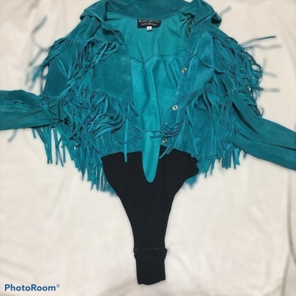 Karen Okada For David Howard Vintage Turquoise teal  Leather Fringes Jacket 12 - Picture 8 of 11